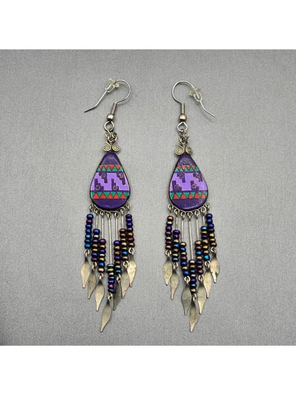 VTG Southwestern Dangle Earrings 3.75" Purple Beaded Fringe Aztec Boho Tribal - Picture 10 of 10